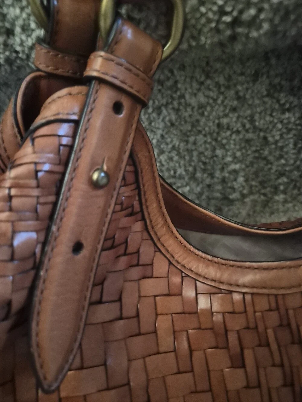 Cole Haan Genevieve Woven Leather Triangle Tote Hobo Bag Brown